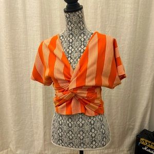 bishop + young, cropped twisted blouse, orange and white